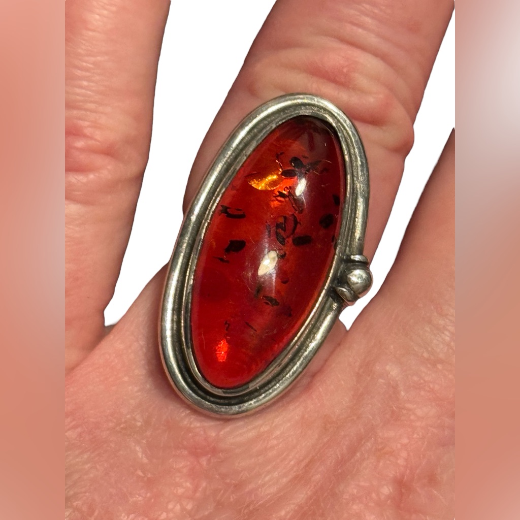 Vintage Russian Honey Amber Sterling Silver 925 Fancy Oval Ring